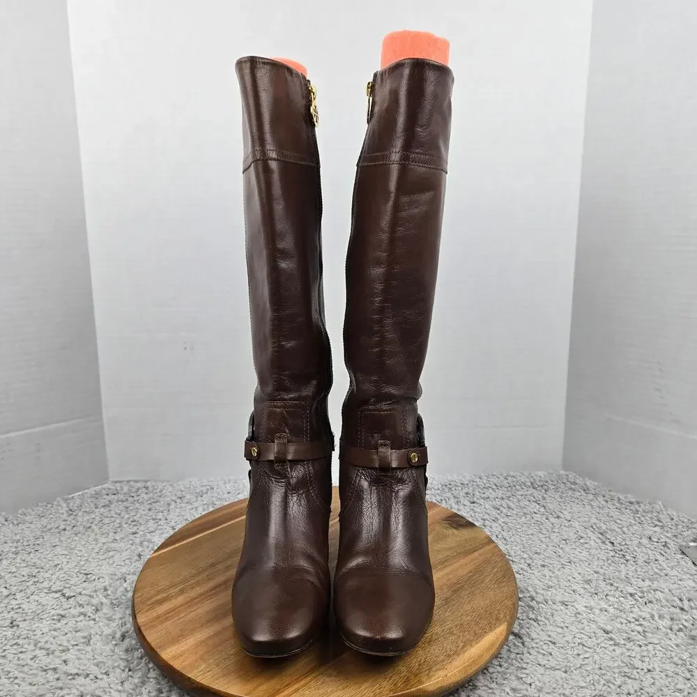 Tory Burch Womens 6.5M Brown Side Logo Gold Hardware Equestrian Riding Boot Heel